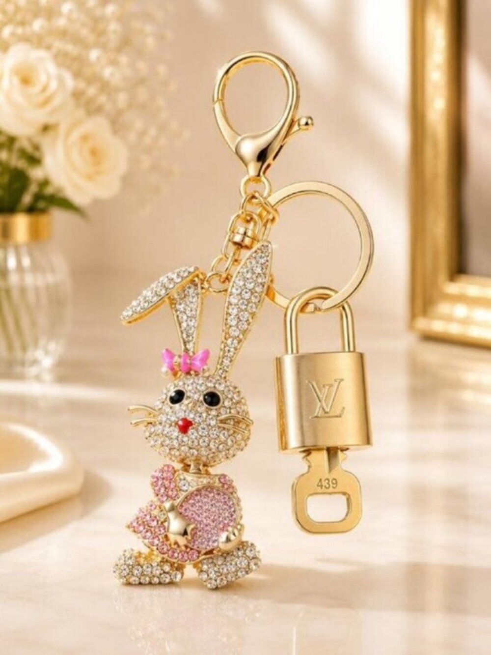 Authentic Louis Vuitton Gold Lock & Key 🔑 Bag Charm w/ Unbranded Bunny Charm